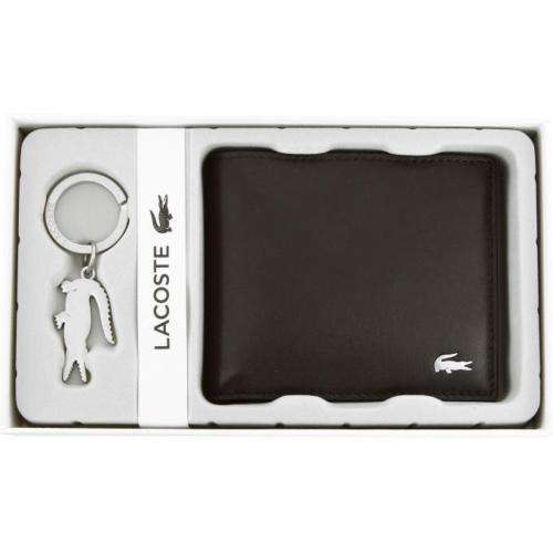 New Lacoste Men's Billfold Credit Card Brown Cow Leather Coin Wallet Key Ring Best Deals in USA